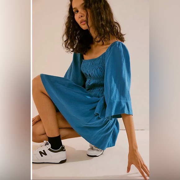 Free People Sunnier With You Mini Dress Blue Smocked Boho Cottagecore Small - Picture 5 of 7